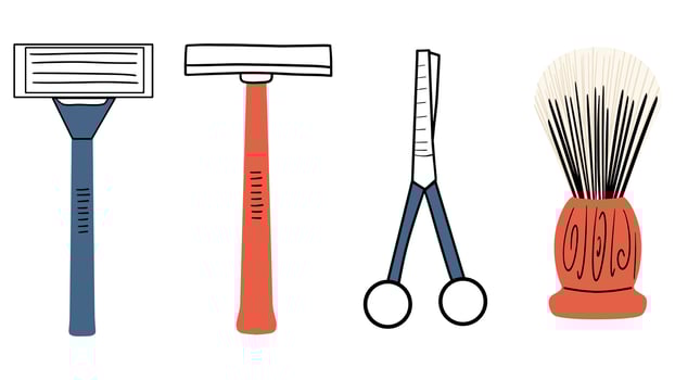 A set of men's shaving accessories.  Scissors, brush, razors. Vector illustration in hand drawn style
