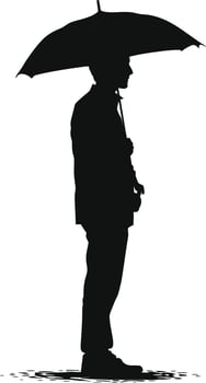 AI generated Silhouette boy or man with umbrella during drizzle black color only vector