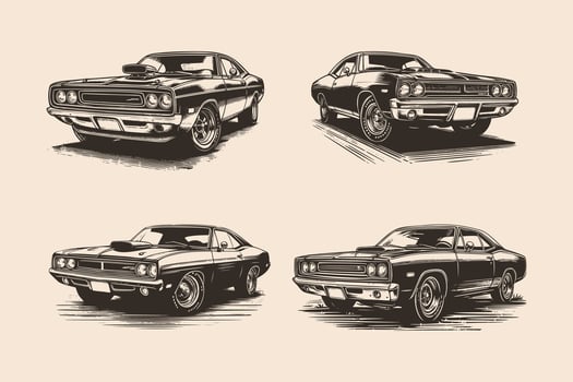 set of classic car silhouette. Vintage American old style muscle car isolated background vector