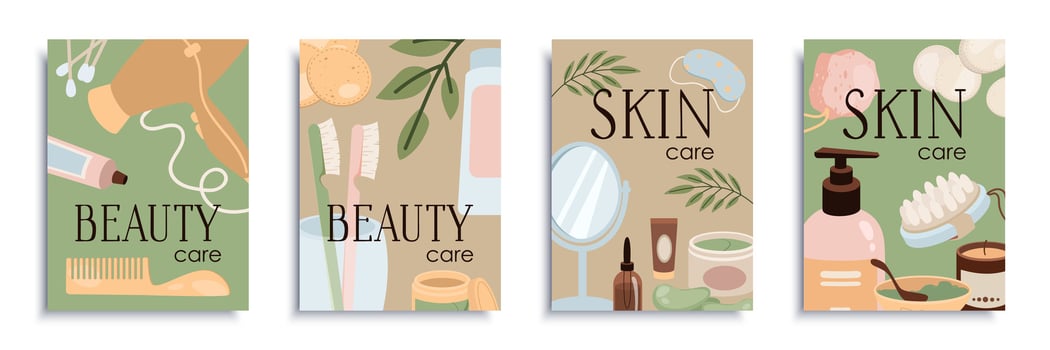Beauty care salon cover brochure set in flat design. Poster templates with cosmetic products, creams, tubes, lotions and bottles massage brush for body treatment and therapy. Vector illustration.