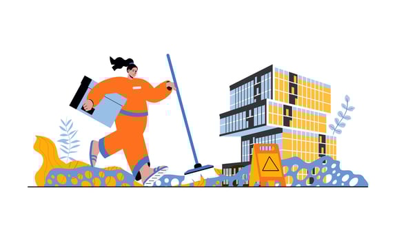 Cleaning service web concept with people in flat cartoon design. Woman with mop and box makes professional cleanup for office or house. Vector illustration for social media banner, marketing material.