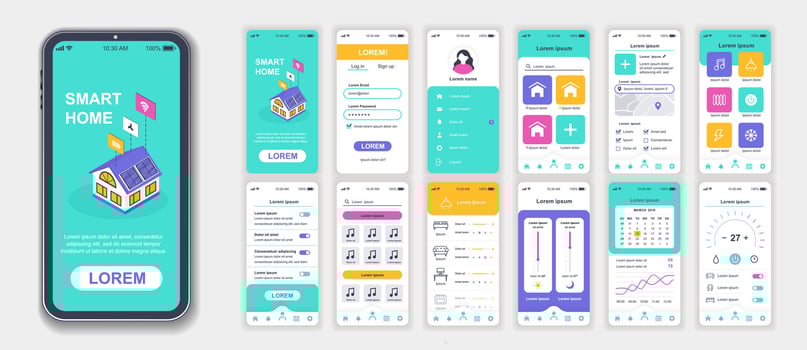 Smart home mobile app interface screens template set. Account login, automation management, appliance monitoring, security system. Pack of UI, UX, GUI kit for application web layout. Vector design.