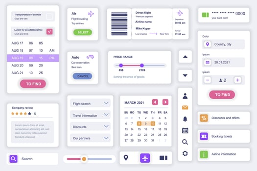User interface elements set for booking mobile app. Kit template with HUD diagrams, airline ticket, boarding pass form, calendar, travel information. Pack of UI, UX, GUI screens. Vector components.