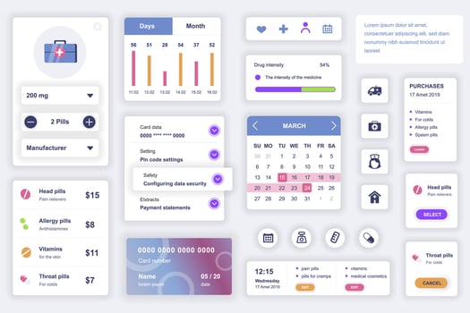 User interface elements set for medical mobile app. Kit template with HUD diagrams, clinic information, diagnosis, pills prescription, online pharmacy. Pack of UI, UX, GUI screens. Vector components.