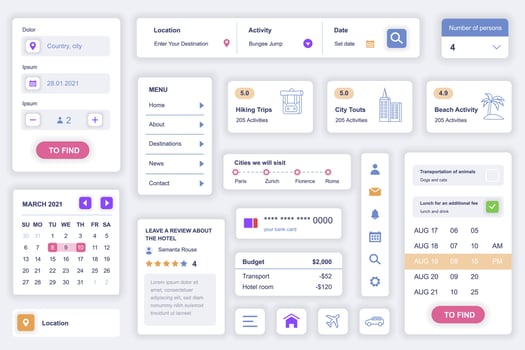 User interface elements set for travel agency mobile app. Kit template with HUD diagrams, destination, calendar, location, hiking trip, tour activity. Pack of UI, UX, GUI screens. Vector components.