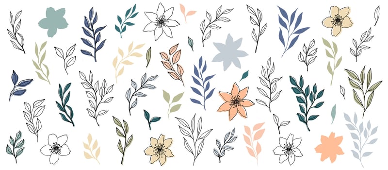 vector branch and leaves in trendy color palette and monochrome. Elegant branches for decoration. hand drawn botanical illustration for backgrounds. Template for wedding cards, polygraph, logo, tattoo