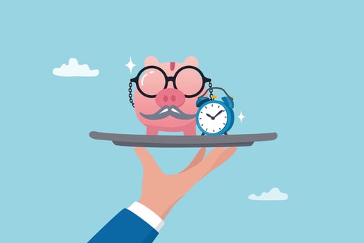 Pension fund investment for retirement, saving or wealth rich senior elderly adult, earning or profit, future value or growth for retirement planning concept, senior piggybank with alarm clock. vector