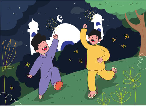 background illustration of two children celebrating Eid al-Fitr by setting off fireworks vector
