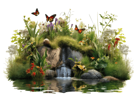 AI generated pond with flowers and butterflies on it png