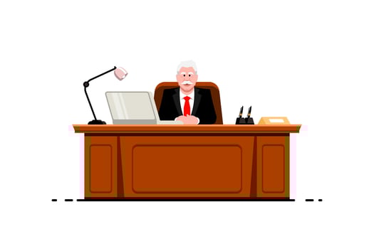 Senior business boss sitting at his desk on isolated background, Vector illustration.