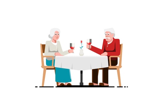 Old man couple drinking beverage on table, Dinner romantic in room, Vector illustration.