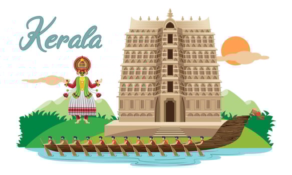 indian kerala design, racing boat with south indian temple and kathakali dancer vector