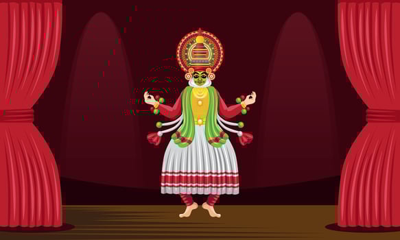 traditional kathakali dancer performing dance on stage, classical dance india vector