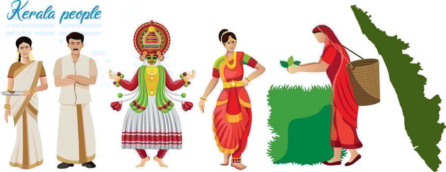 kerala people in traditional dress with map vector