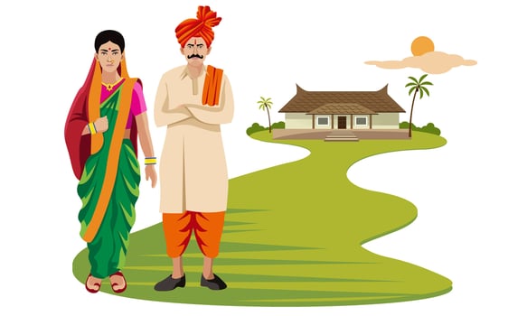 maharashtra man and woman, in traditional dress standing in front of rural home vector