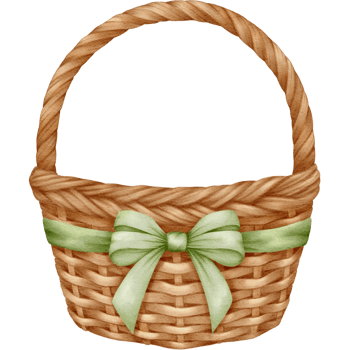 An Easter basket is depicted in this PNG clipart image, with a green ribbon tied around it.