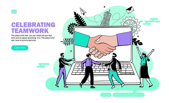 shake hand and congratulations in computer with people celebrating teamwork, shake hand, congratulation vector