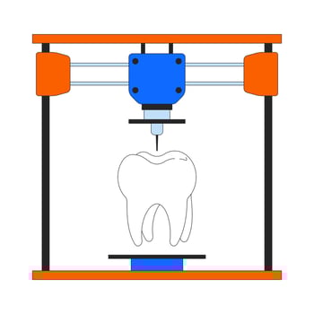 Dental implant denture on 3d printer 2D linear cartoon object. Additive manufacturing device isolated line vector element white background. Technology three-dimensional color flat spot illustration