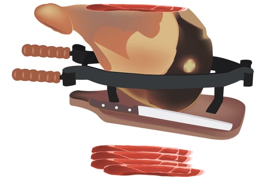 Knife is cutting raw ham vector