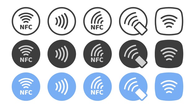 NFC icon set. Contactless wireless pay sign logo. NFC technology contact less credit card. Contactless payment logo. NFC payments icon for apps. vector