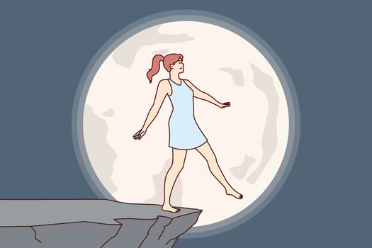 Woman experiences nightmare at night, imagining falling off cliff during full moon vector