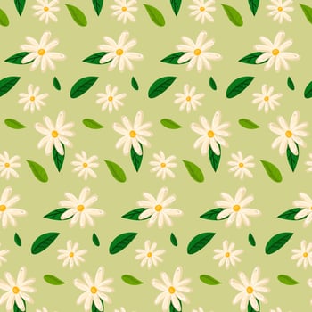 The pattern of flowers is spring daisies on a green background. Boho. Delicate colors, blooming. Vector floral pattern in doodle style with flowers and leaves. Delicate, spring floral background