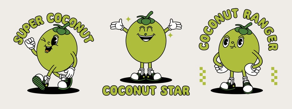Young Coconut retro mascot with hand and foot. Fruit Retro cartoon stickers with funny comic characters and gloved hands. vector