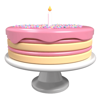 Cute birthday cake 3d rendering. Birthday cake with candle. Cute pink cake with candle and sprinkles. Pink cake and stand png
