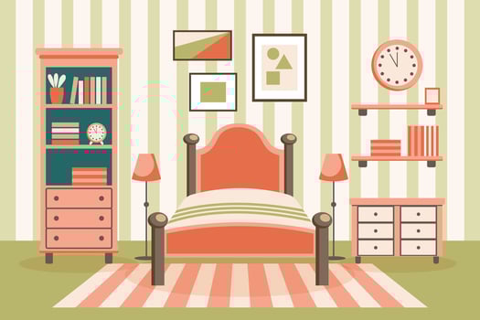 Cozy bedroom. Bedroom interior bed with pillows, carpet, bedside tables, wardrobe, window. Interior concept. Flat illustration. Vector