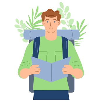 concept of ecotourism, expedition, journey. a man with a backpack holds a map in his hands. vector