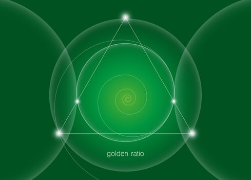 Golden Ratio, Fibonacci spiral, interlocking circles, triangles and spirals hipster sacred geometry illustration. White line vector isolated on green background.