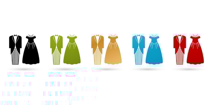 vector illustration women dresses and tuxedos isolated on a white backgrounds with five colors for sign s, symbols, toilet hanging, accessories sticker, clothing logos material, User interface designs