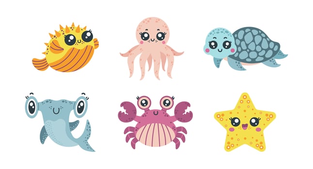 Underwater animals vector set. Friendly crab, baby shark, cute turtle, smiling starfish, funny puffer fish and octopus. Ocean characters, aquarium pets. Colorful cartoon clipart for children, kids