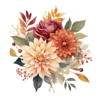 AI generated water color autumn floral bouquet with dahlia, rose and eucalyptus leaves isolated png