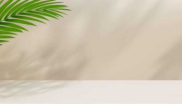 Beige Background Studio Podium with palm leaves shadow on cement floor,Backdrop 3D Display Room with Stand Stage for Cosmetic product presentation,Sale,Online shop in Spring,Summer vector