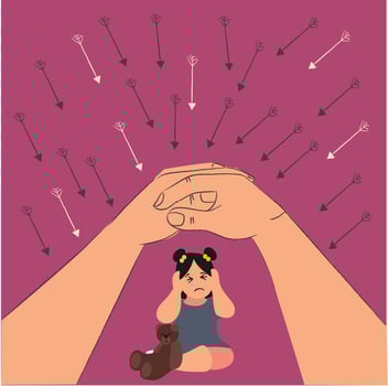 Hands saving and protecting a Little girl covering her ears so as not to hear her parents fight. A child is sitting on the floor and crying.child's traumatic experience. vector