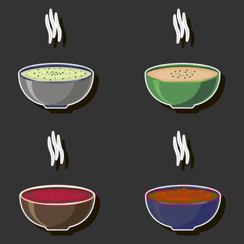 Illustration on theme big set various types beautiful tasty edible hot homemade soups vector