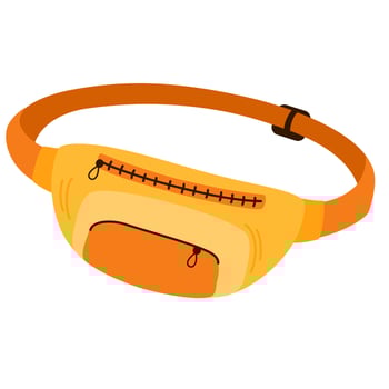 Waist Bag. Fanny pack, popular personal item elements and fashion accessory. Trendy banana shaped belt bag. Tourism, camping, walking. Hand drawn Vector isolated illustrations