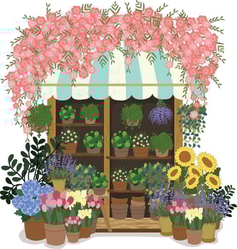 Adorable spring flowers and plant pot shop hand drawn vector illustration for decorate invitation greeting birthday party celebration wedding card poster banner textile wallpaper paper wrap background