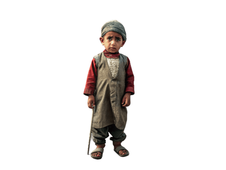 AI generated Young child standing amidst ruins- png