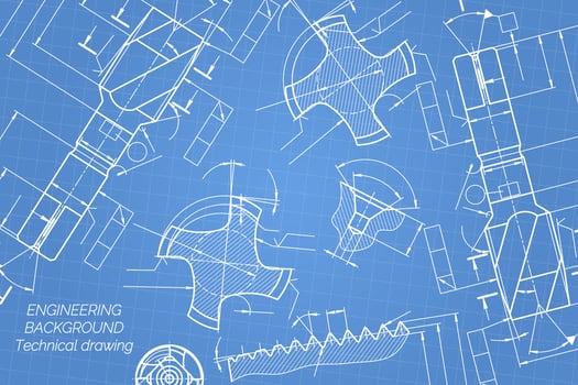 Mechanical engineering drawings on blue background. Tap tools, borer. Technical Design. Cover. Blueprint. Vector illustration.