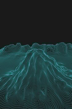 Blue abstract vector wireframe landscape background. 3D futuristic mesh mountains. 80s Retro illustration. Cyberspace technology valleys.