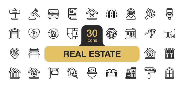Set of 30 Real estate icon element set. Includes villa, toilet, home,house, bedroom, garage, and More. Outline icons vector collection.