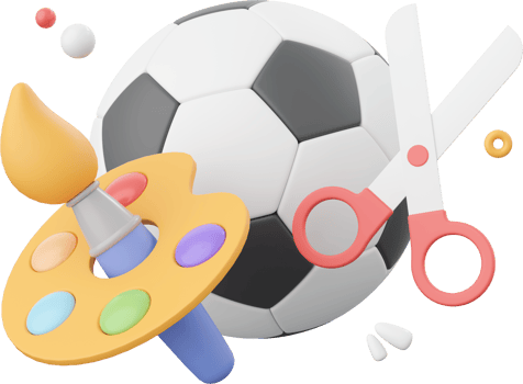 Football, paintbrush, color palette and scissors, 3d illustration elements of school supplies png