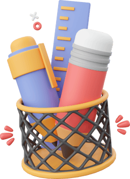 Pen, pencil and ruler in a holder, 3d illustration elements of school supplies png