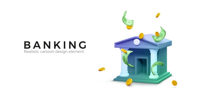 3D bank and falling green dollars and gold coins. Banner for banking app or service in realistic cartoon style. Business concept. Vector illustration