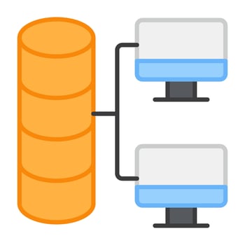 Database connected with monitors, icon of data transfer vector