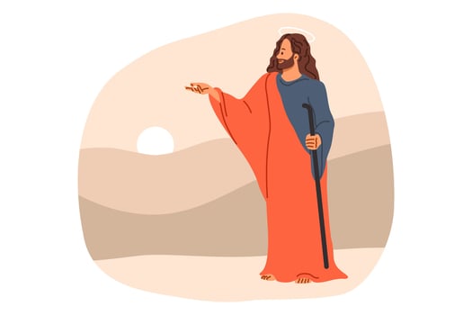 Jesus christ from bible and christian religion, stands near hills and sunset, giving parting words to followers. Messiah of catholic faith, jesus with kind expression on face extends hand forward vector