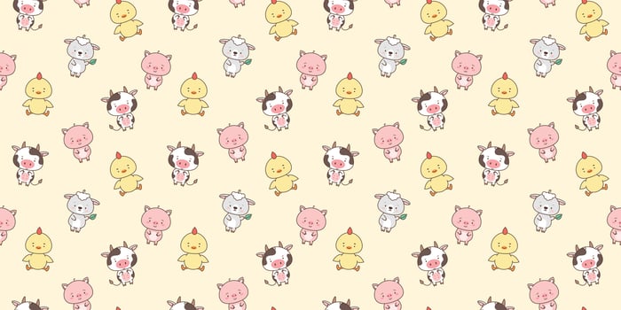 Seamless pattern with cute farm animals sheep piggy chicken cow. Cute animals in kawaii style. Drawings for children. vector illustration