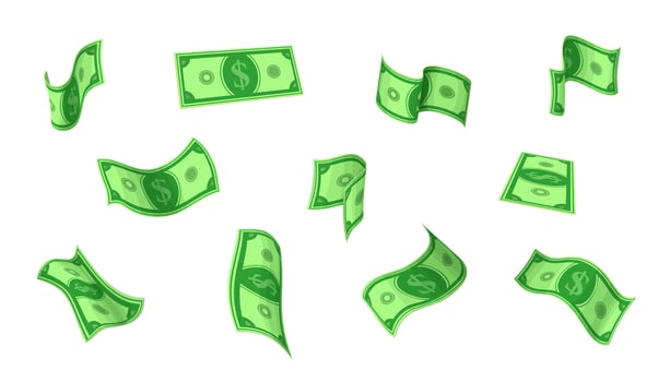 Flying cartoon dollar banknotes, cash money bills vector